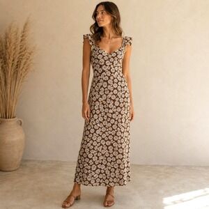 Divided H&M Womens Boho Daisies Floral Maxi Dress Size S Brown Flowy Cottagecore